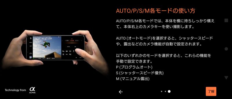 Photography Proを起動したときの説明のスクリーンショット/AUTO、P、S、M、各モードの使い方の説明