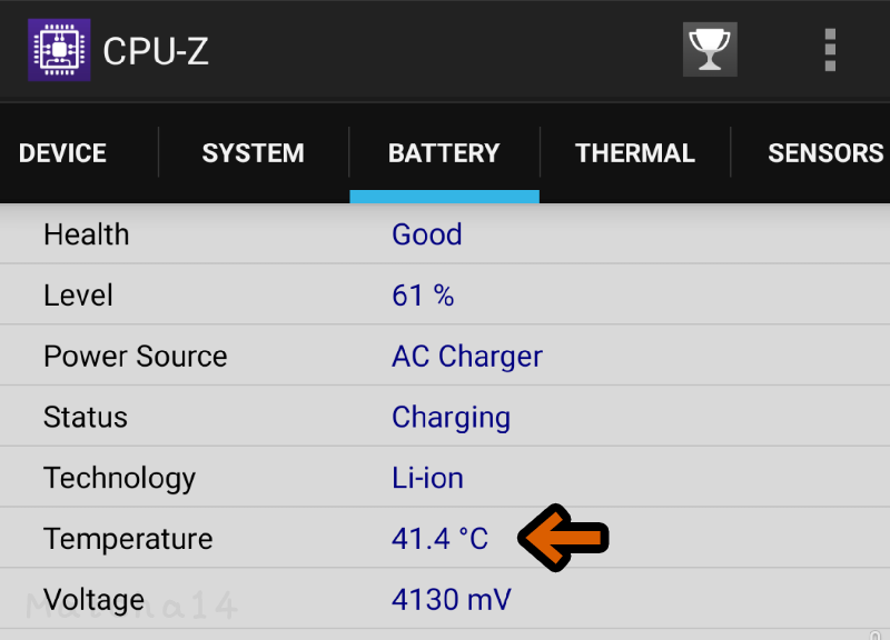 Xperia 1 IIIでの充電時の発熱/CPU-Zでバッテリー温度は41.4度を示している