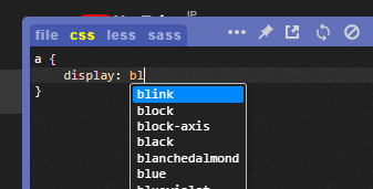 「Live editor for CSS」でコードを書くと、サジェスト機能がはたらく。displayのプロパティの後に、値をblと打ち込むと、bから始まるblinkやblockなどを列挙してくれる。